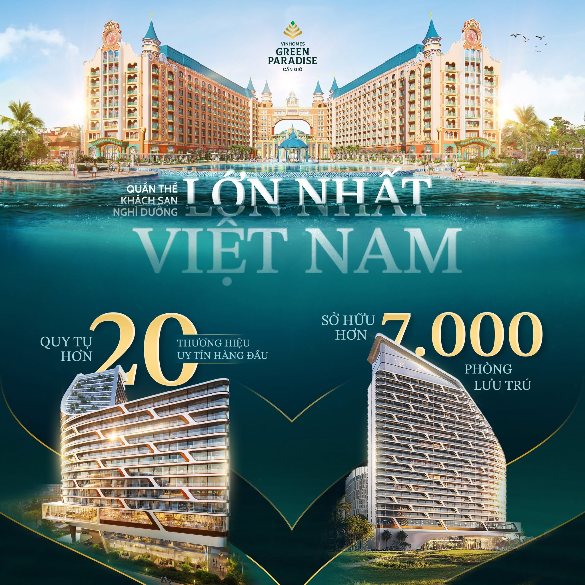 Quần thể khách sạn nghỉ dưỡng lớn nhất Việt Nam. Quy tụ hơn 20 thương hiệu hàng đầu, sở hữu hơn 7.000 phòng lưu trú tại Vinhomes Green Paradise Cần Giờ